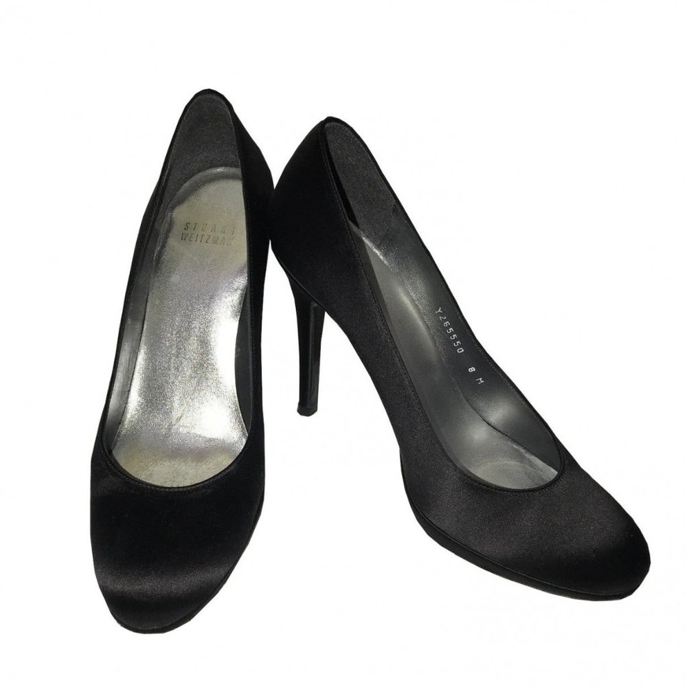 stuart weitzman Black Satin Round Toe High heel Pumps